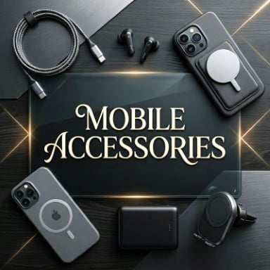 Mobile Accessories collection card with premium smartphone cases, a braided charging cable, and wireless earphones