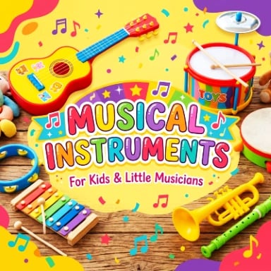Musical Instruments banner for kids with a toy guitar, drum with sticks, colorful xylophone, and a toy trumpet