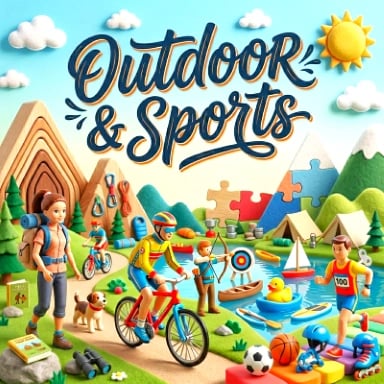 Outdoor and Sports collection card featuring toy camping tents, a kids bicycle, soccer ball, and sports gear