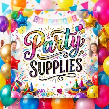 Party Supplies category banner featuring colorful birthday balloons, party hats, blowouts, and confetti