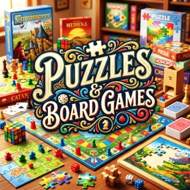 Puzzles & Board Games banner featuring classic family board games, jigsaw puzzle pieces, dice, and a Rubik's cube