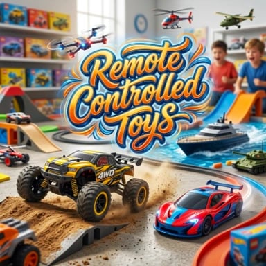 Remote-Controlled Toys banner with a 4WD RC monster truck, a red race car, a flying drone, and a toy RC boat