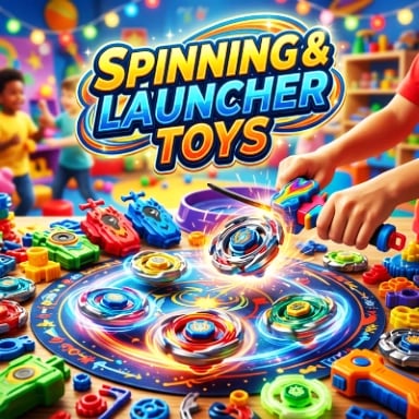 Spinning and Launcher Toys collection card featuring battle tops, string launchers, and stadium gear