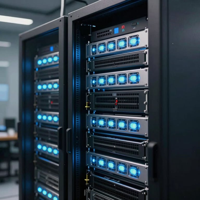 Artificial Intelligence: A modern server room with glowing soft blue and mint lights, representing high-speed digital infrastructure.