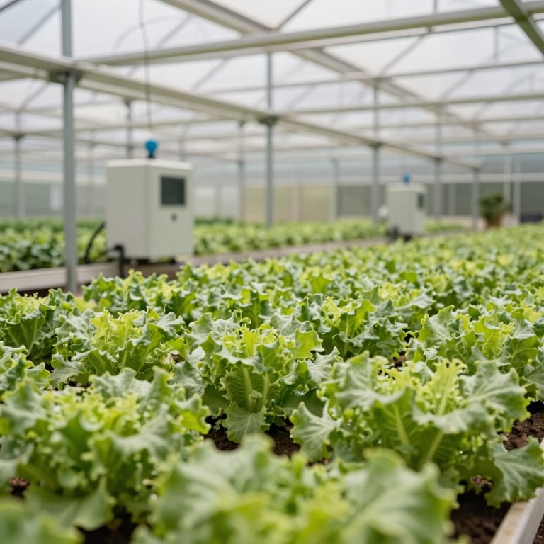 AgriTech: A modern greenhouse facility in Botswana with automated irrigation systems and green leafy crops.