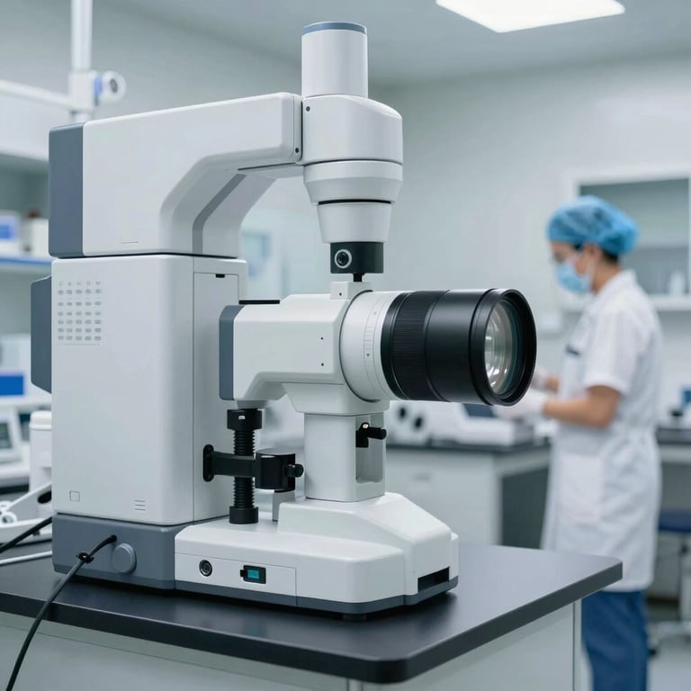 HealthTech: A clean, white medical laboratory with high-tech diagnostic equipment and professional staff in the background.