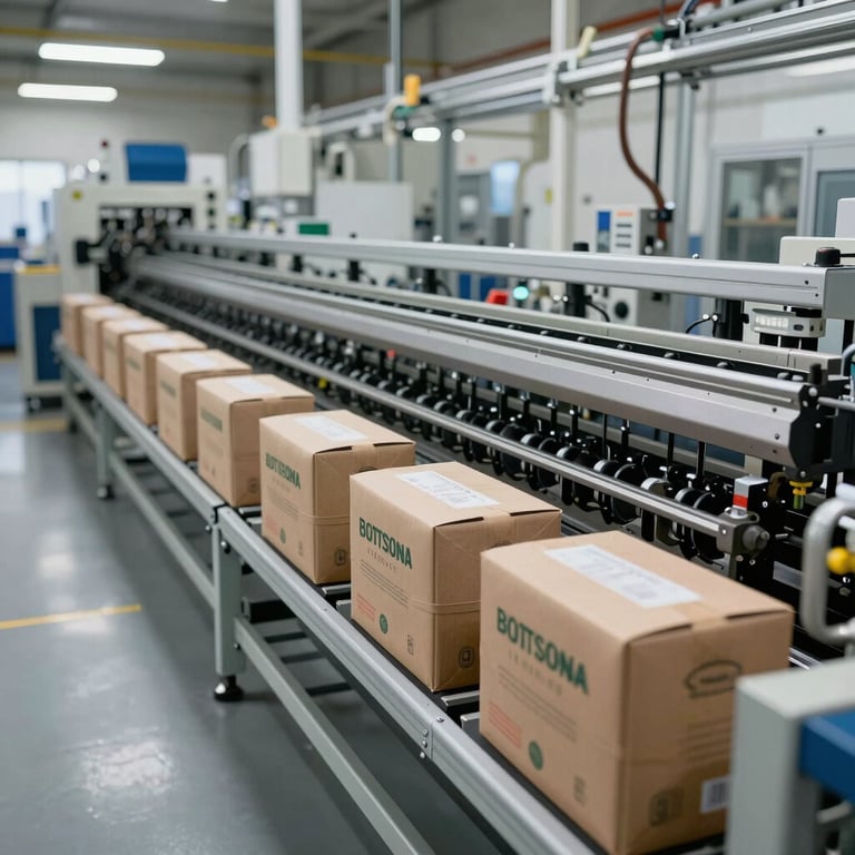 Manufacturing: A modern, clean factory floor in Botswana showing a high-tech assembly line for sustainable packaging.