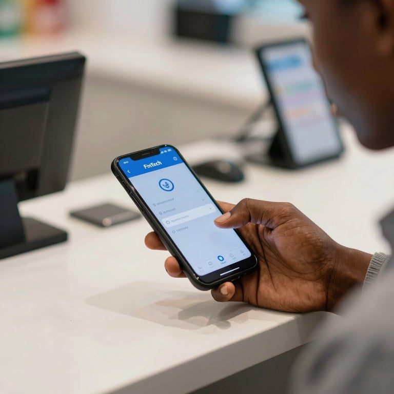 FinTech: A close-up of a person in Sub-Saharan Africa using a smartphone for a secure digital payment at a clean, modern retail counter.