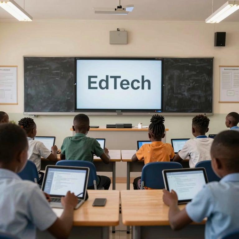 EdTech: A bright, modern classroom in a Sub-Saharan African city where students use tablets and interactive digital screens.