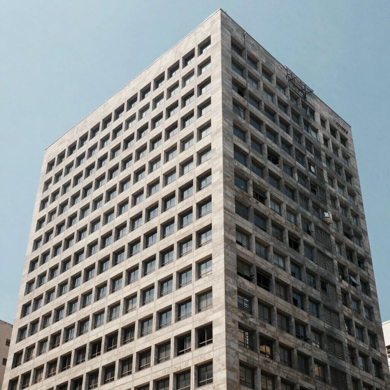 Modern architectural facade of a business building in Sao Paulo, South American / Brazilian style, clean lines, bright daylight.