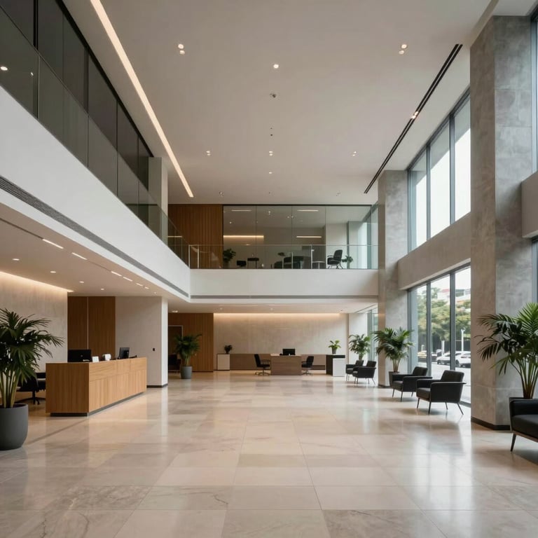 A wide shot of a corporate lobby with minimalist decor, high ceilings, and professional atmosphere in a South American metropolis.