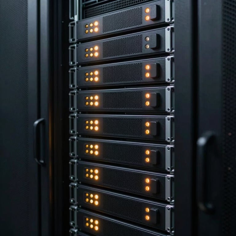 A detailed shot of a secure server room with blinking lights, representing high-end data protection and LGPD standards.
