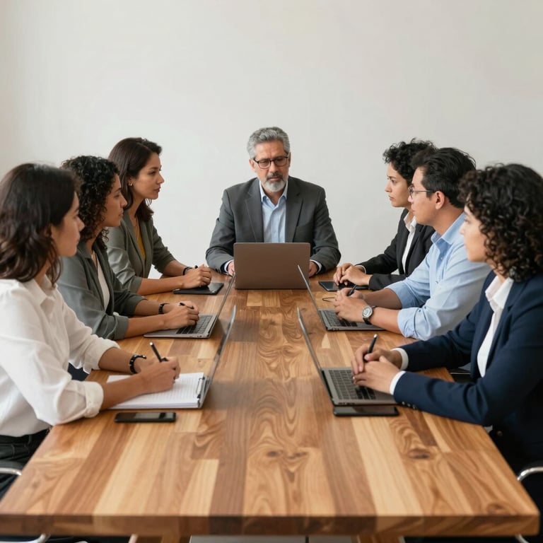 A group of diverse South American / Brazilian professionals collaborating around a large wooden table in a bright meeting room.