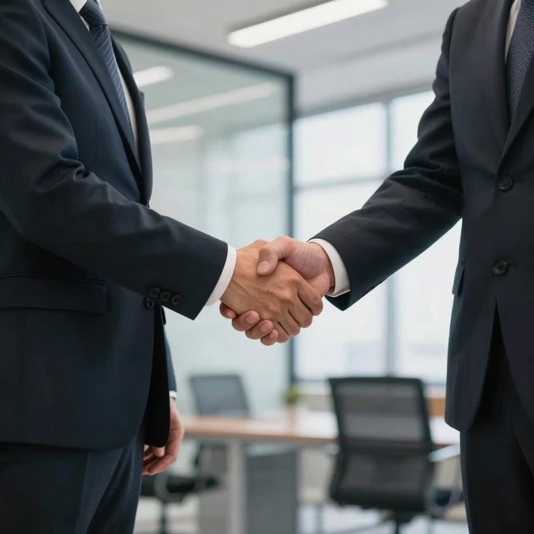 Professional handshake between two colleagues in a modern office, symbolizing trust and business partnerships.