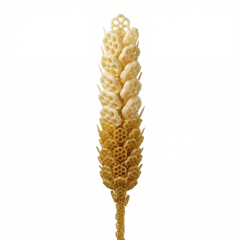 A creative stalk of wheat stalk made from rotelle pasta shapes on a white background.