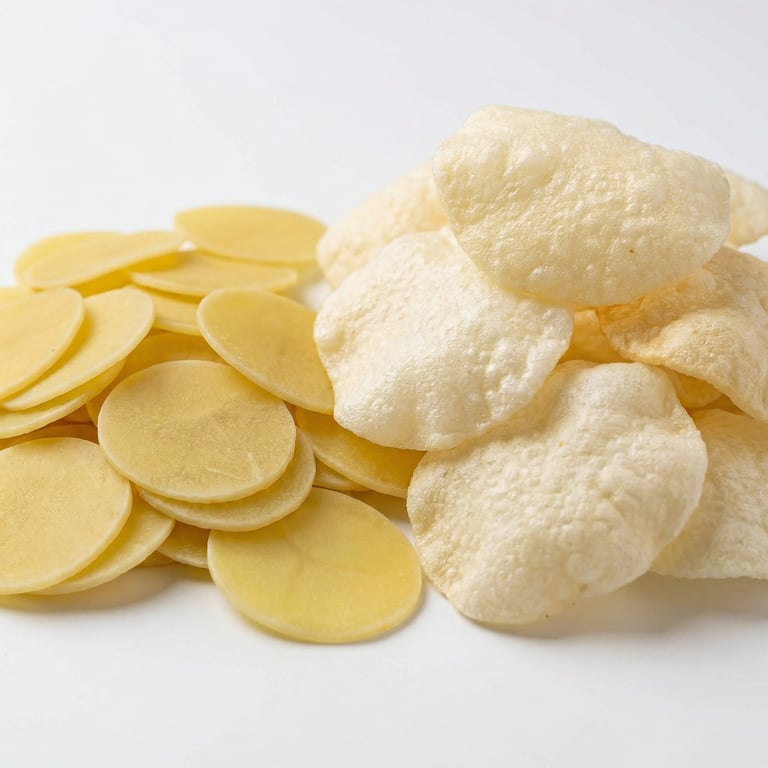 Fried and raw round potato chips or papadums snack isolated on white background.