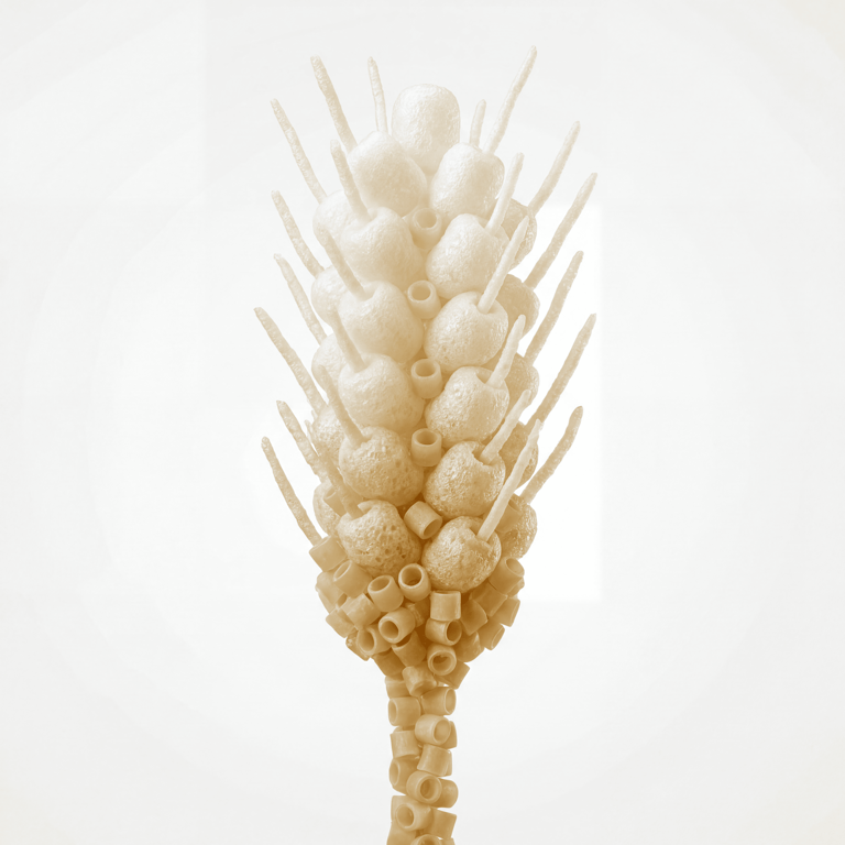 Wheat stalk sculpture made of various pasta shapes and foam pieces against a white background.