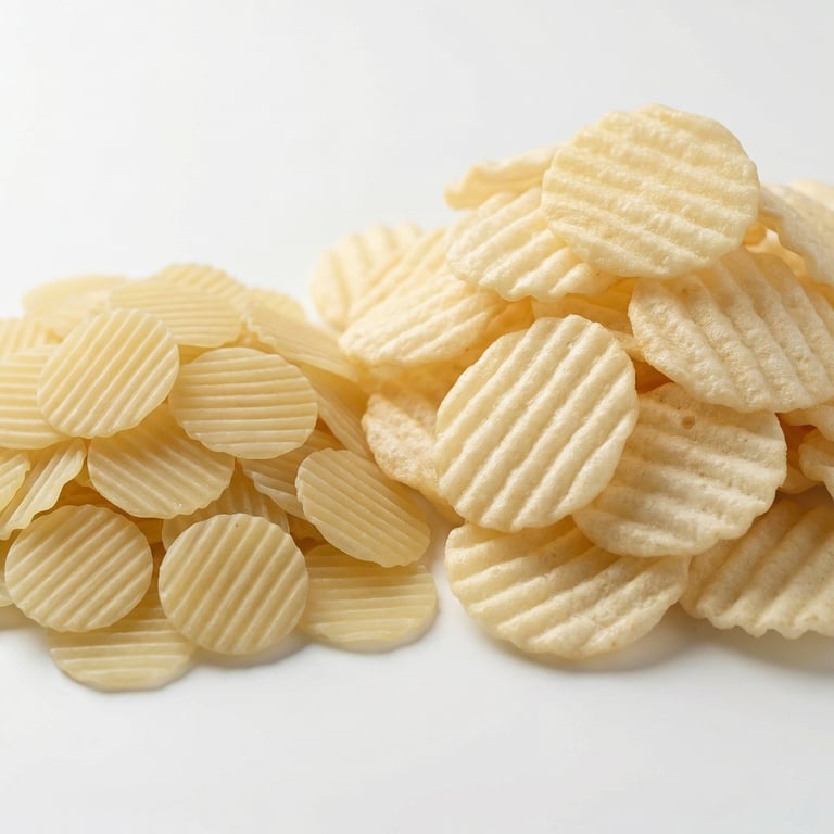 Crispy crinkle cut potato chips and ridged snack wafers piled on a white background.