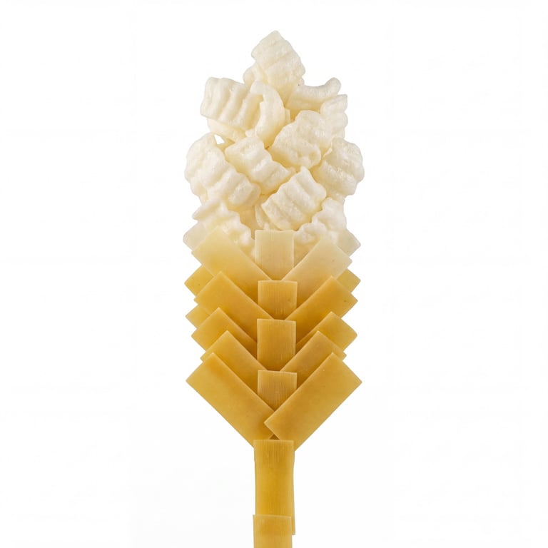A single stalk of wheat artfully composed of dry pasta noodles and white snack puffs on a white background.