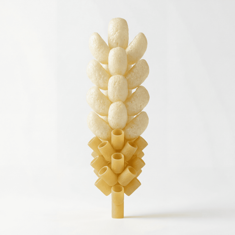 A creative arrangement of dry pasta tubes and puffy corn snacks shaped like a wheat stalk on a white background.