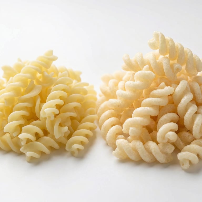 Two piles of spiral fusilli pasta, one classic yellow and one pale white, on a clean white surface.