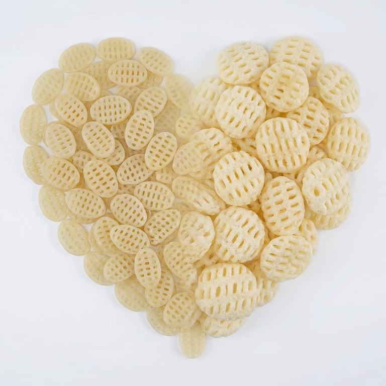 Heart-shaped pile of raw and fried potato lattice chips on a white background.