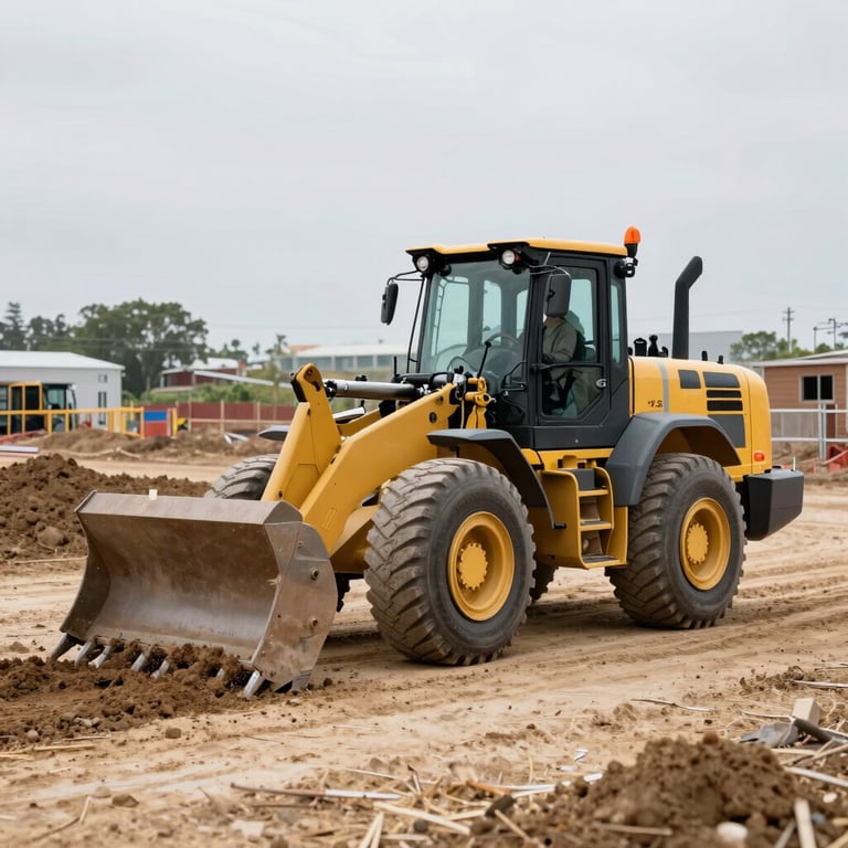 A modern wheel loader moving earth on a clean, organized North American construction site with professional safety standards.