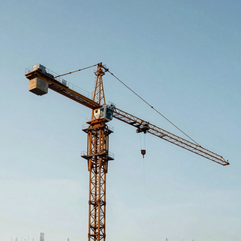 A low-angle shot of a massive crawler crane against a clear soft blue sky at a North American construction project.