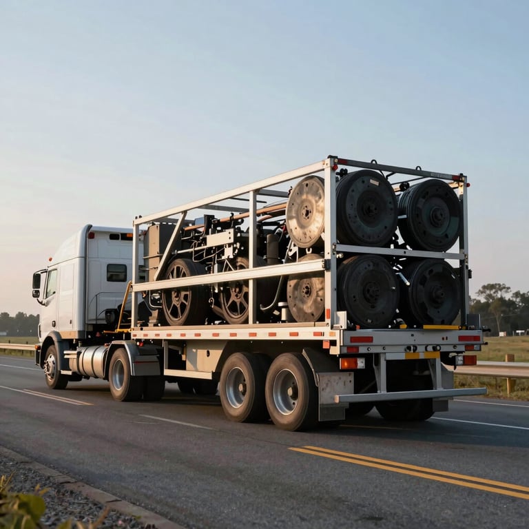 A heavy-duty transport trailer hauling a large piece of equipment on a North American highway during a clear morning.