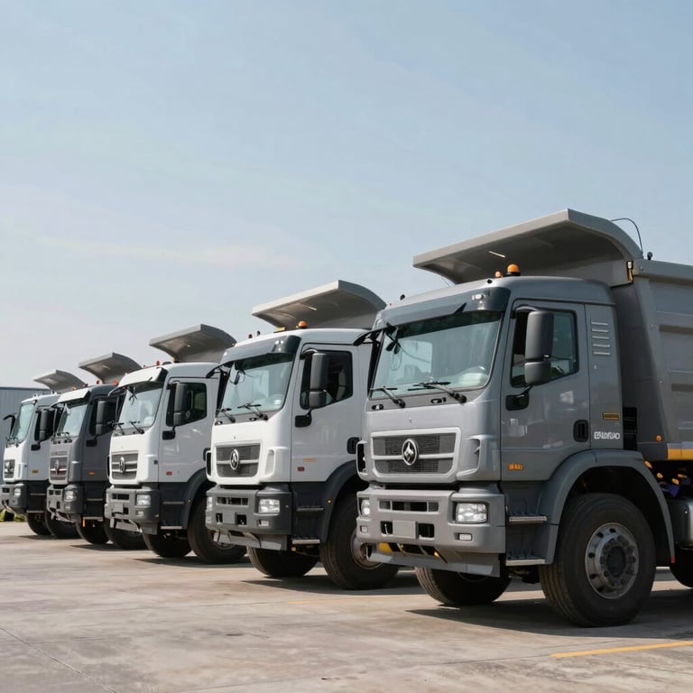 A fleet of modern dump trucks parked in a clean row at a North American industrial yard, bright daylight, steel gray and soft blue tones.