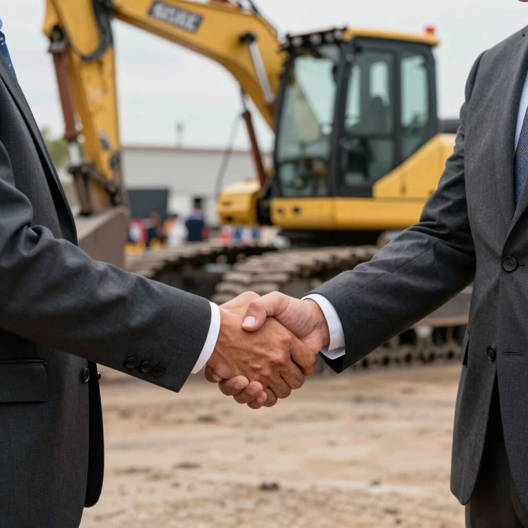 A professional handshake between two people in business-casual attire at a heavy equipment auction in the US, blurred background of machinery.