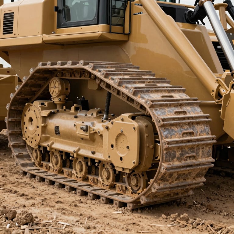 A detail shot of a bulldozer's track on dry North American soil, emphasizing heavy-duty power and durability.