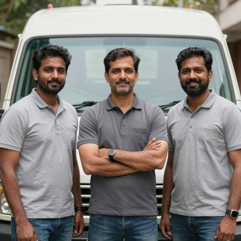A group of three professional South Asian movers standing together in front of their vehicle, smiling and looking reliable.