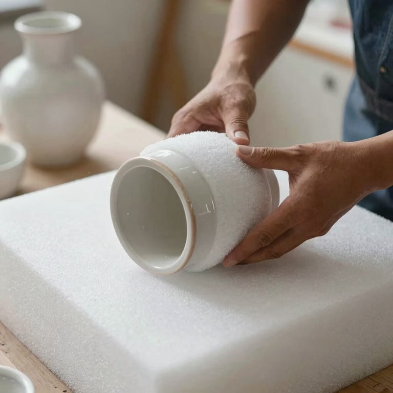 Close-up of a worker carefully wrapping a fragile ceramic lamp in thick protective foam.