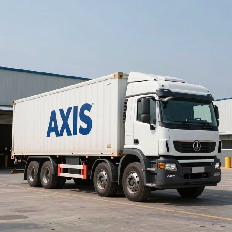 A large logistics truck with Axis branding parked in a clean loading dock in an Indian industrial area, bright daylight.