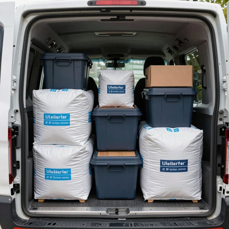 Efficiently packed moving van interior showing a variety of household goods protected by professional padding.