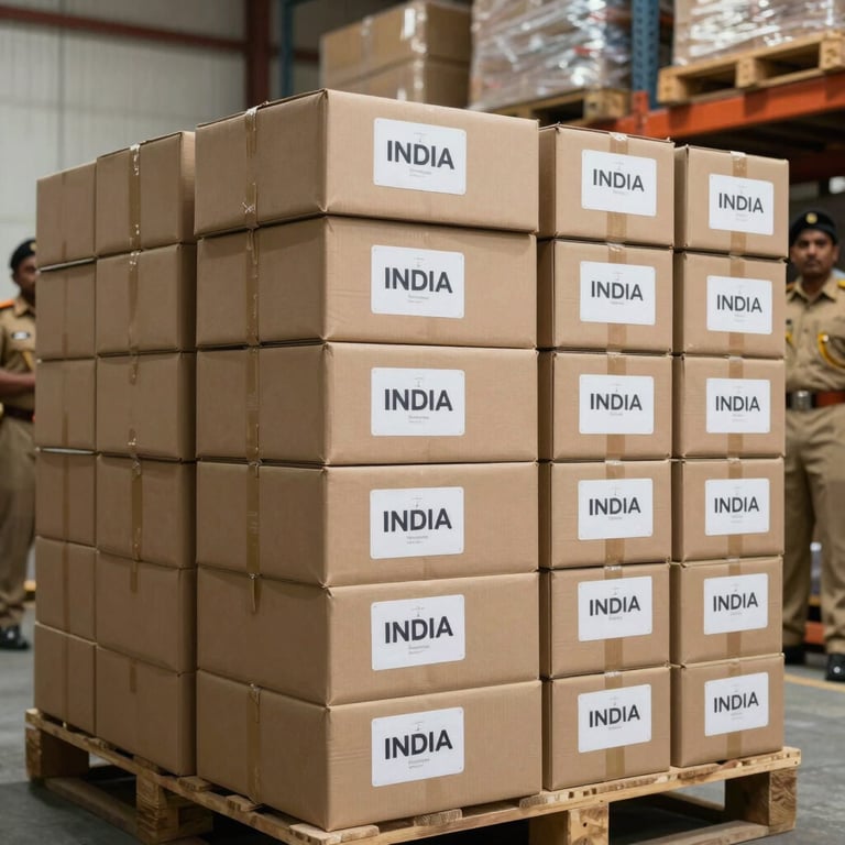 Uniformed staff neatly stacking labeled boxes in a well-lit warehouse in India.