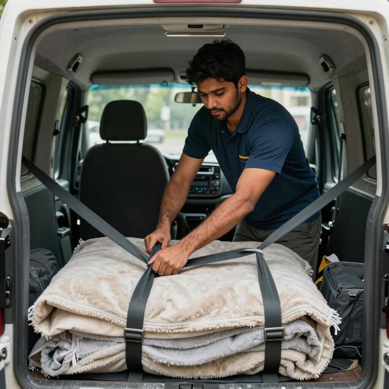 A professional mover securing items inside a van using heavy-duty straps and blankets, South Asian setting.