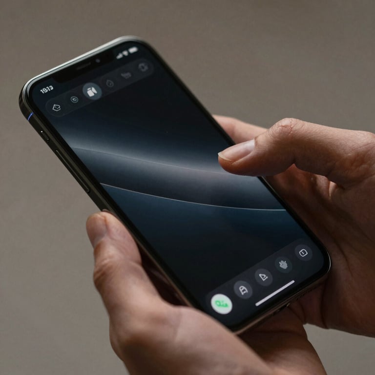Close up of hands interacting with a high-end mobile device displaying a sophisticated dark theme interface.