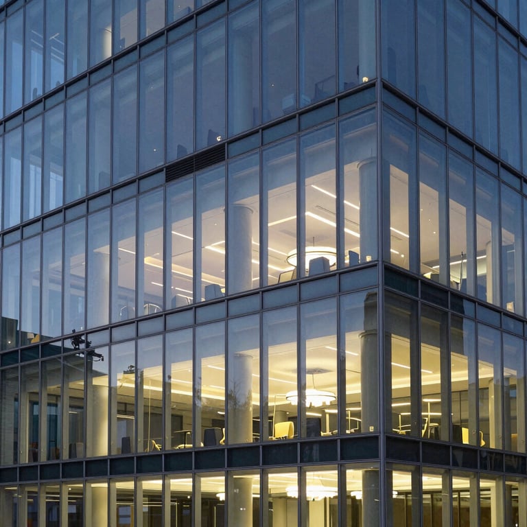 An architectural shot of a modern glass office building at twilight with soft slate blue interior lighting.