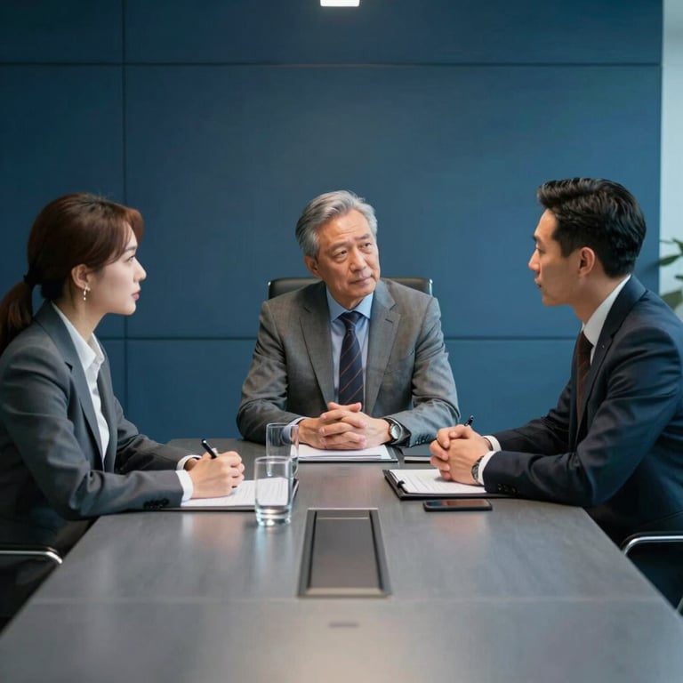 A professional brainstorm session with three people dressed in premium business attire, sitting in a sleek slate blue boardroom.