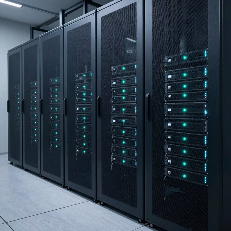 A wide shot of a minimalist server room with clean deep navy racks and teal status lights.