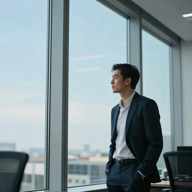 A stylish individual in a modern tech office setting, looking at a large glass window, with soft sky blue reflections.