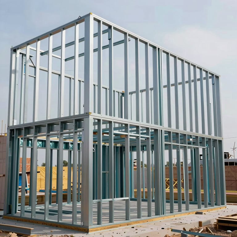 A house under construction using the Metalcon system, showing the precise steel framing.