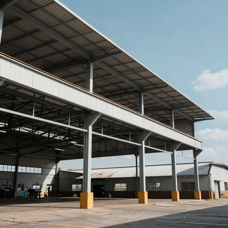 A large industrial warehouse with a complex metallic roof structure under a bright South American sun.