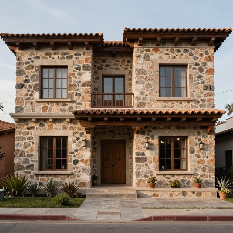 A completed two-story masonry home featuring traditional South American architectural details and modern finishes.