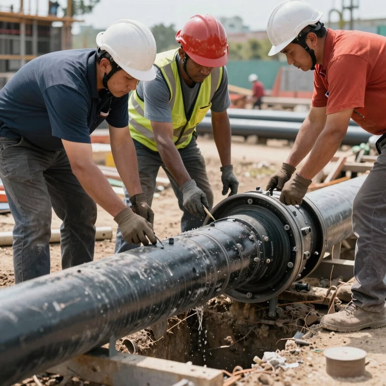 Construction workers installing underground potable water pipes for a new residential development.