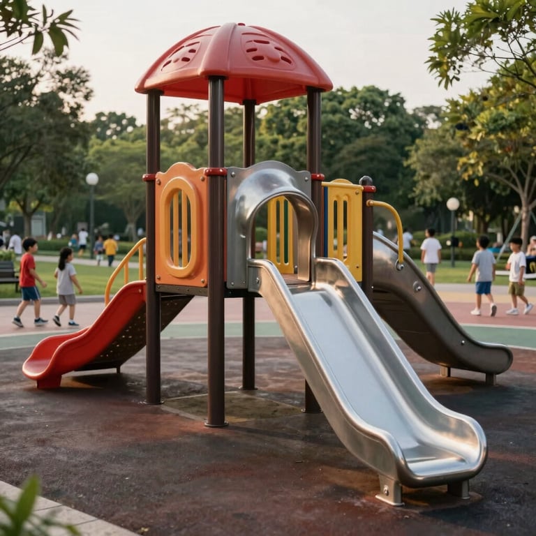 A vibrant, modern metallic playground set installed in a public park with children playing in the background.