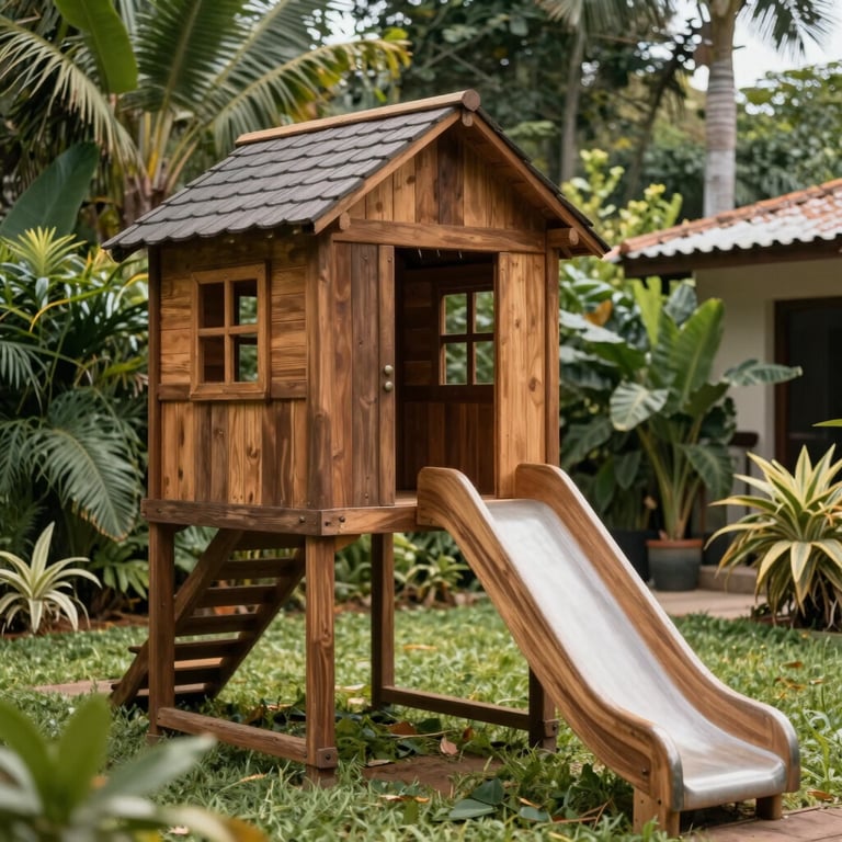 A charming wooden playhouse with a slide in a private backyard setting with lush South American vegetation.