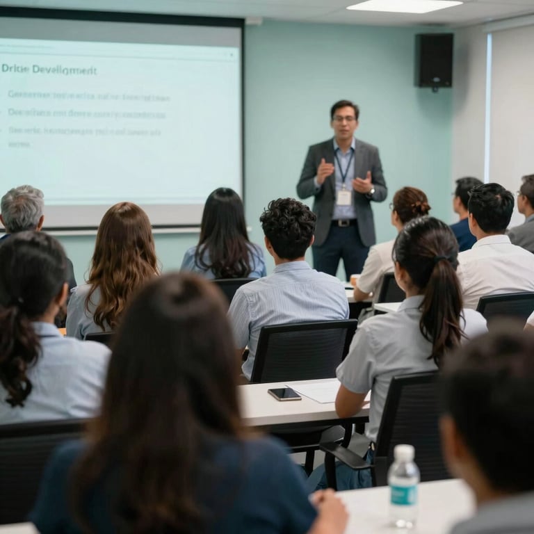 People engaged in a professional development workshop in a South American corporate setting, with light teal accents.